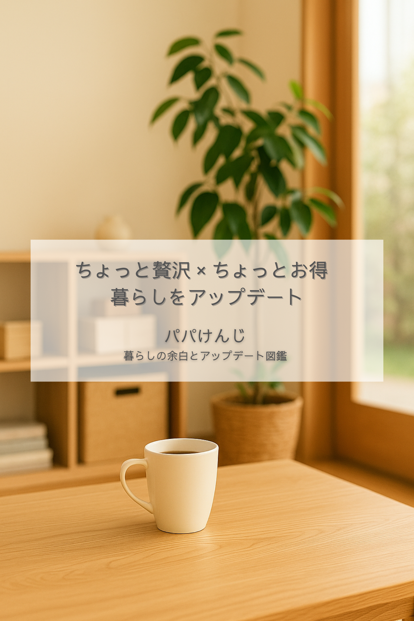 忙しい育児や家事をラクにする暮らしのアップデートを象徴する、コーヒーカップと観葉植物のあるリビング