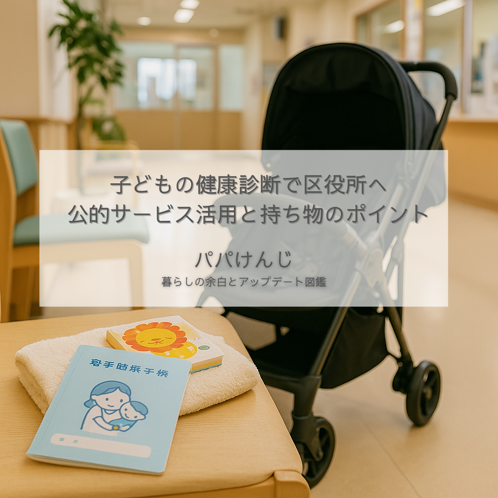 区役所の待合室に置かれたベビーカーと母子手帳、子どもの健康診断に向けた準備を表すイメージ