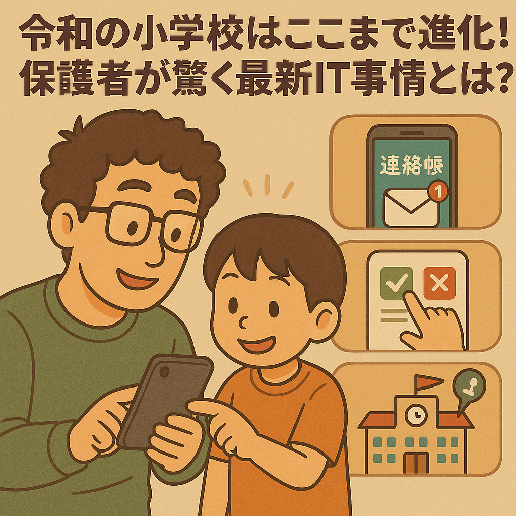 令和の小学校で進化したIT化された教育環境を親子で確認している様子のイラスト