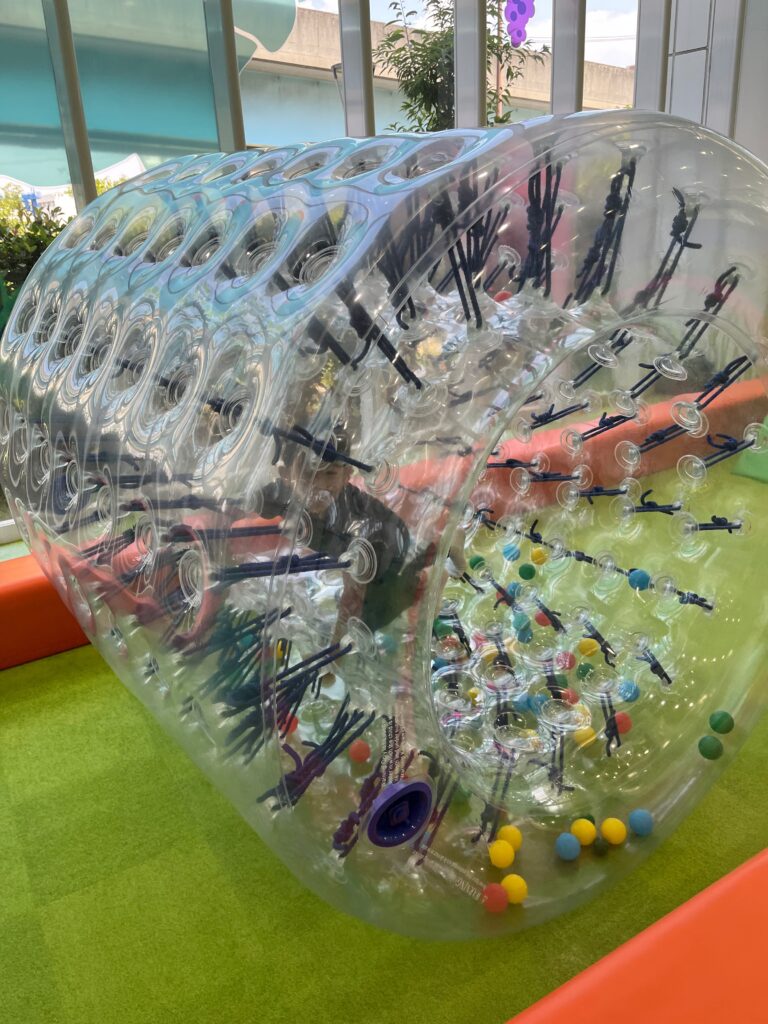 回転する大型のアトラクションを堪能する息子
