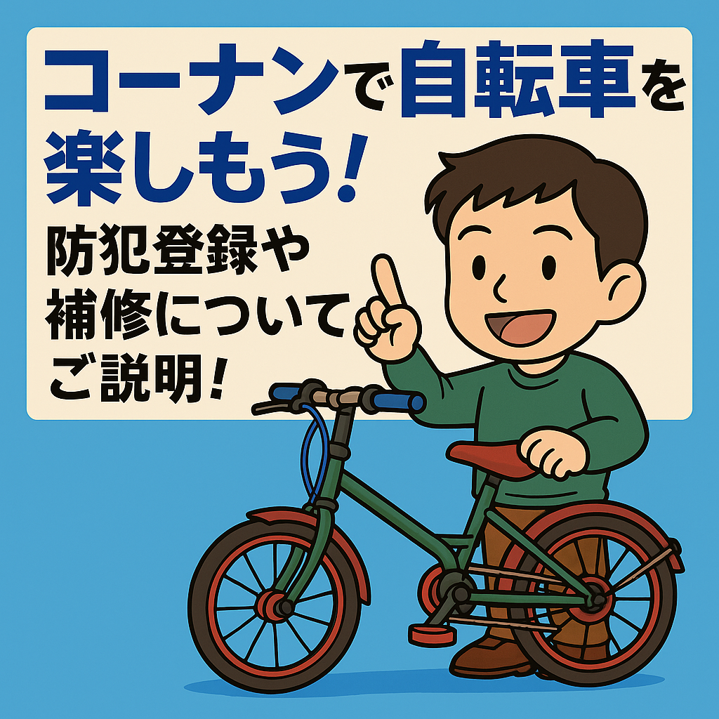 コーナンの自転車コーナーで防犯登録と補修を体験する様子