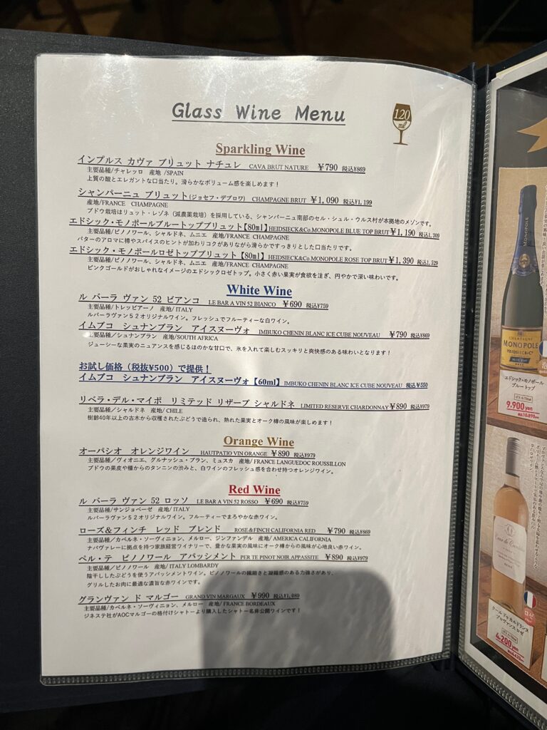 グラスワインのメニュー