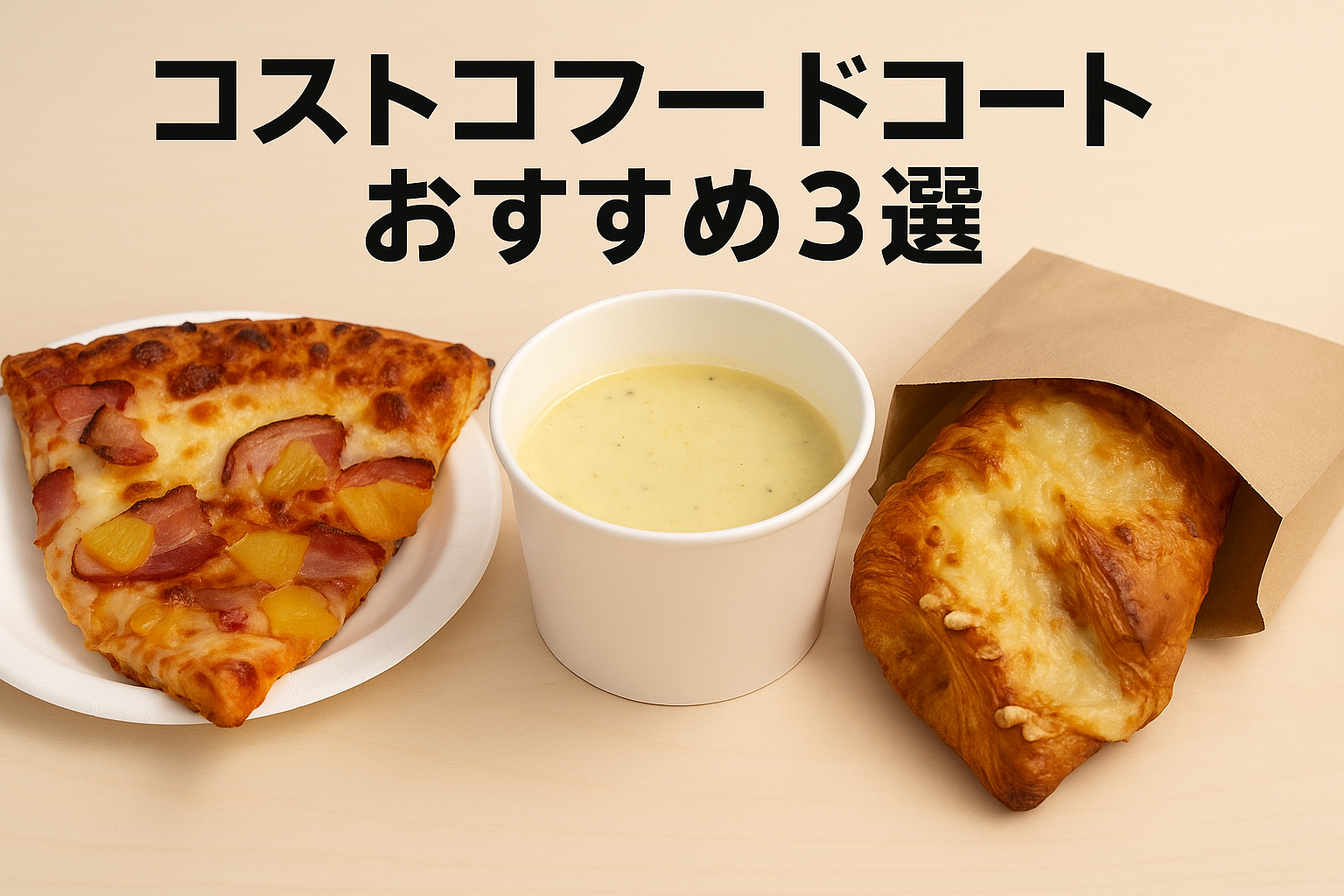 コストコフードコートのおすすめメニュー3選。ハワイアンピザの大きなスライス、クロワッサンハム＆チーズ、具だくさんのクラムチャウダーがテーブルに並んでいる写真。