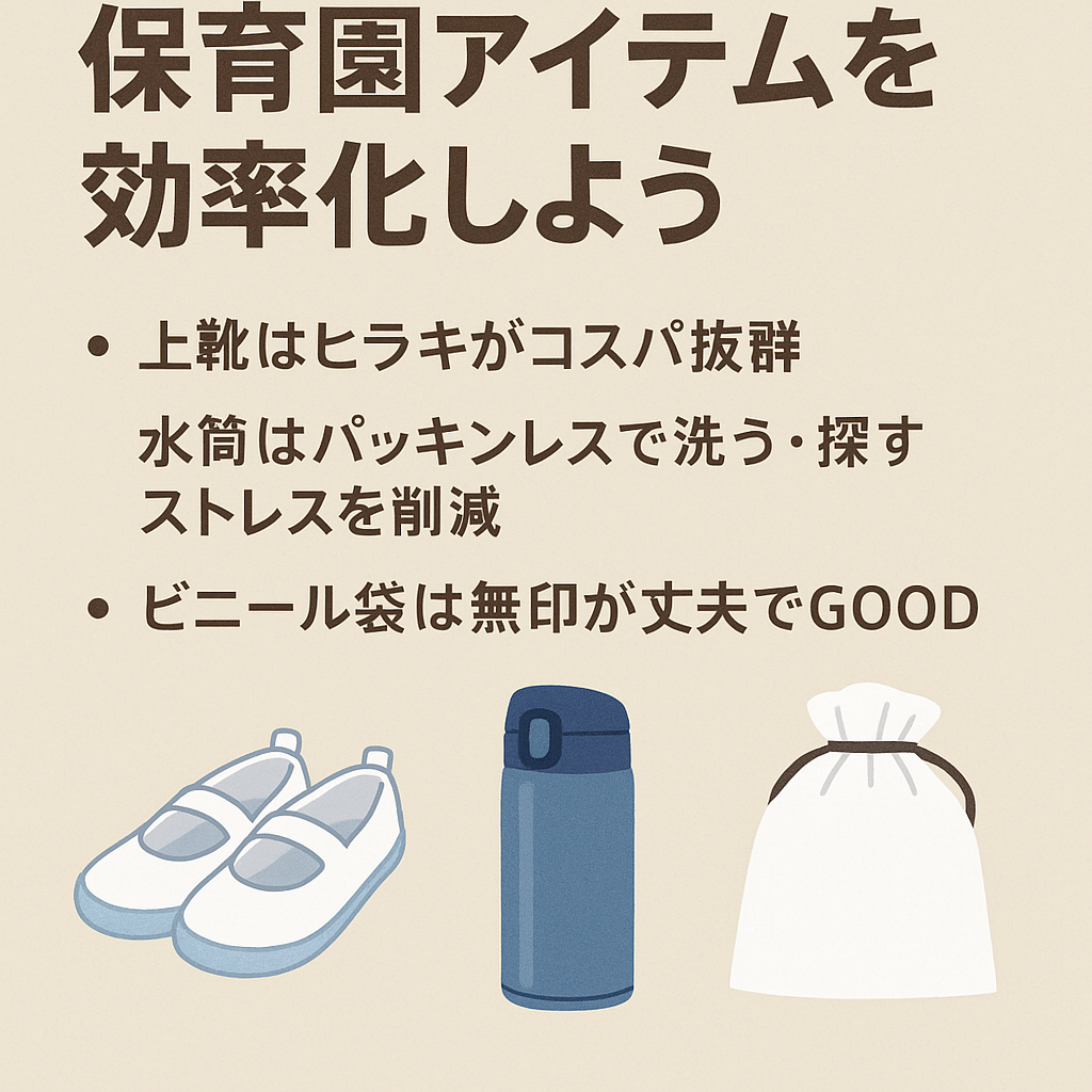 保育園準備を効率化するおすすめアイテム（上靴・パッキンレス水筒・無印ビニール袋）