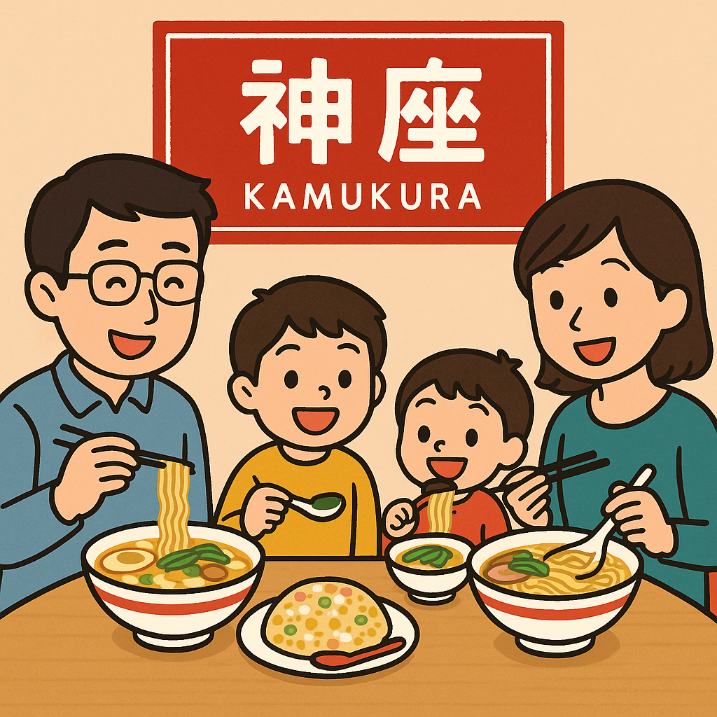 ラーメンとチャーハンのセットを囲む家族イラスト＋神座の赤い看板モチーフ