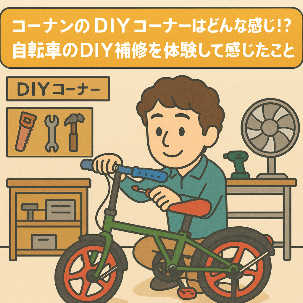 コーナンのDIYコーナーで自転車を補修する体験イラスト
