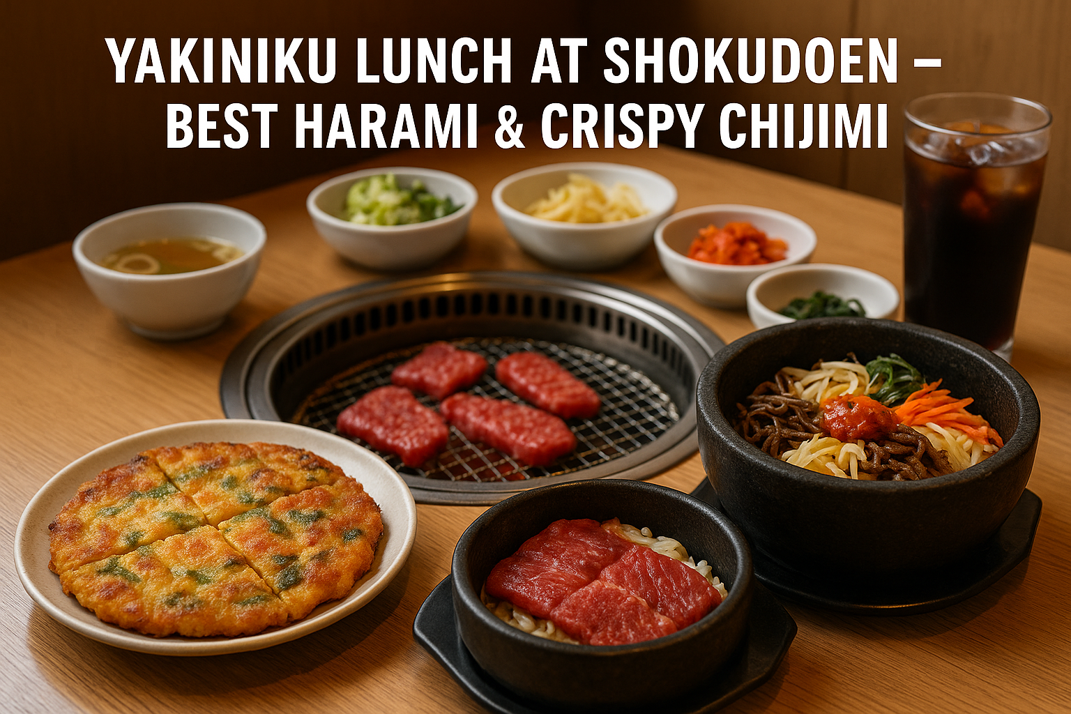 食道園のハラミ定食と海鮮チヂミ、石焼ビビンバが並んだランチセットの写真。ららぽーとで楽しめる焼肉ランチ。