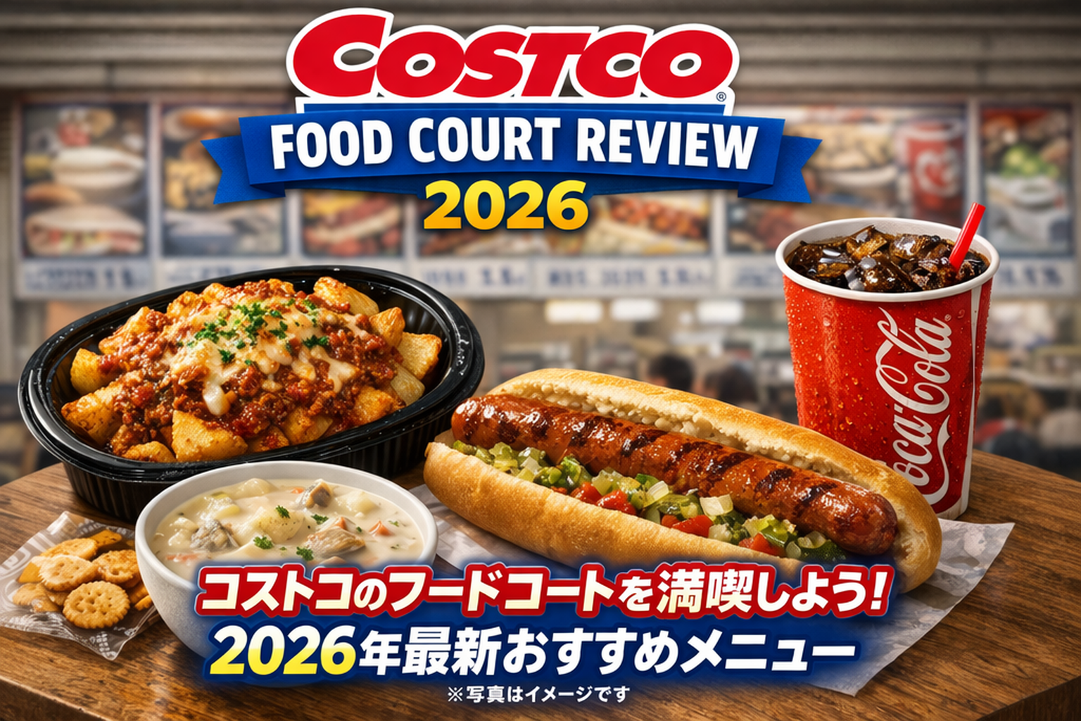 コストコのフードコートで提供されるホットドックやクラムチャウダーとボロネーゼポテトの実食イメージ
