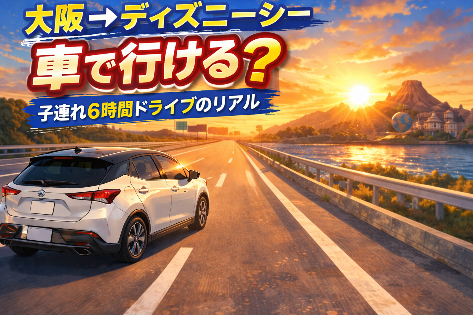 大阪から東京ディズニーシーまで車で向かう子連れ家族の長距離ドライブイメージ