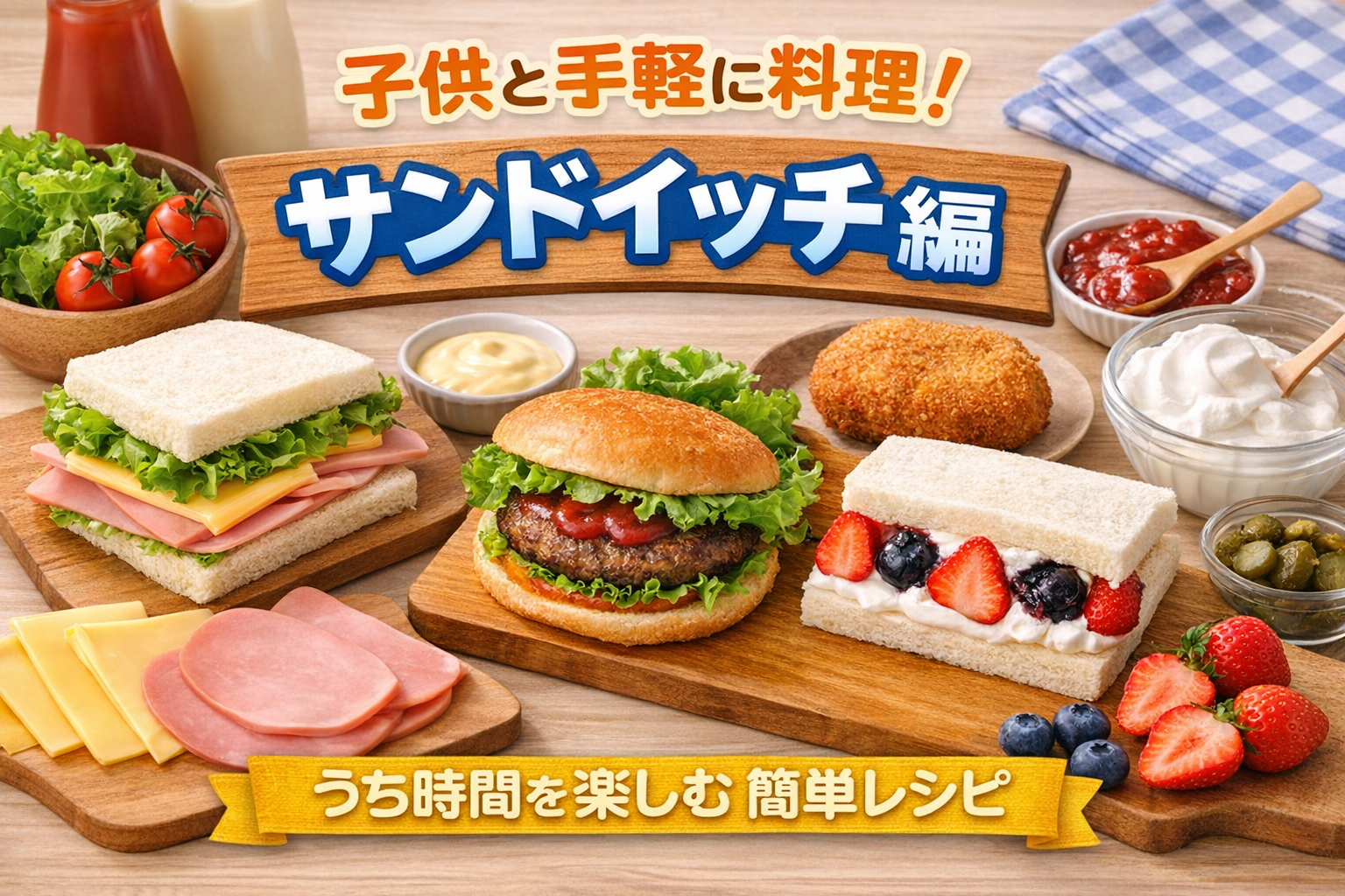 子供と一緒にサンドイッチ作りを楽しむ様子 火を使わない簡単な親子料理のイメージ