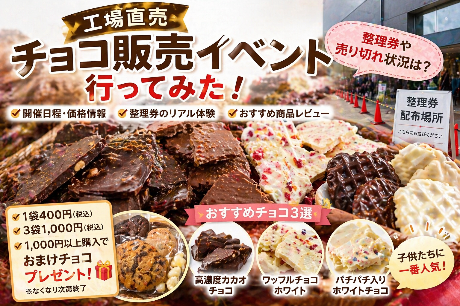 工場直売のチョコレート販売イベントで購入した人気商品と整理券待機の様子