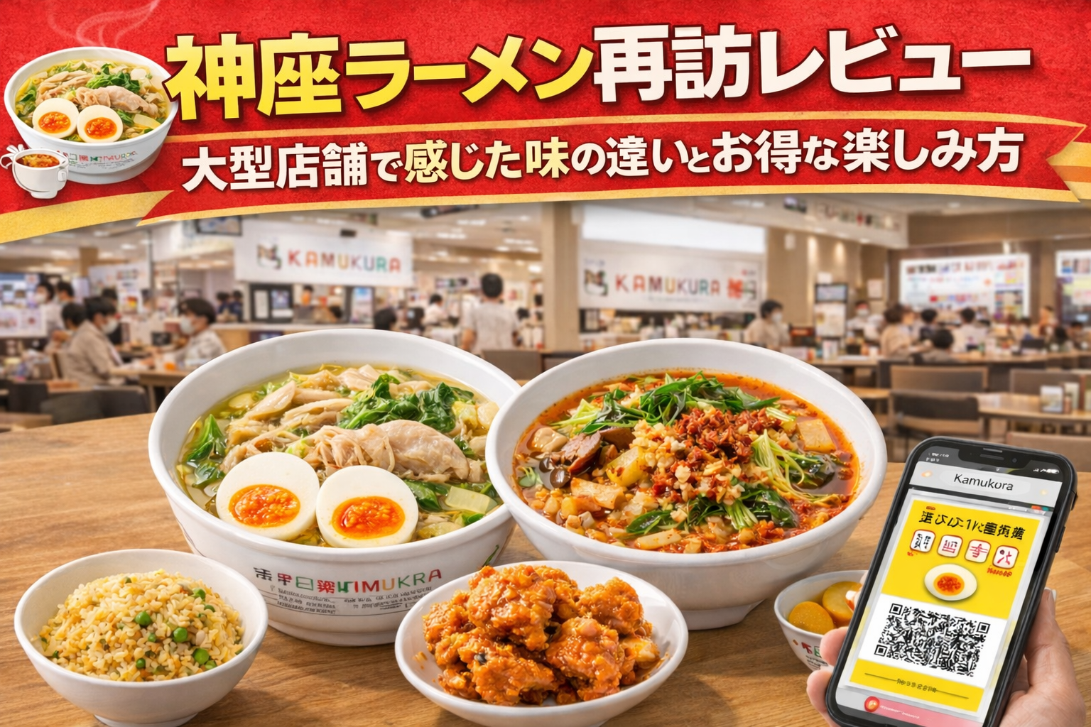 大型店舗の神座ラーメンでラーメンとチャーハンを楽しむ家族外食のイメージ