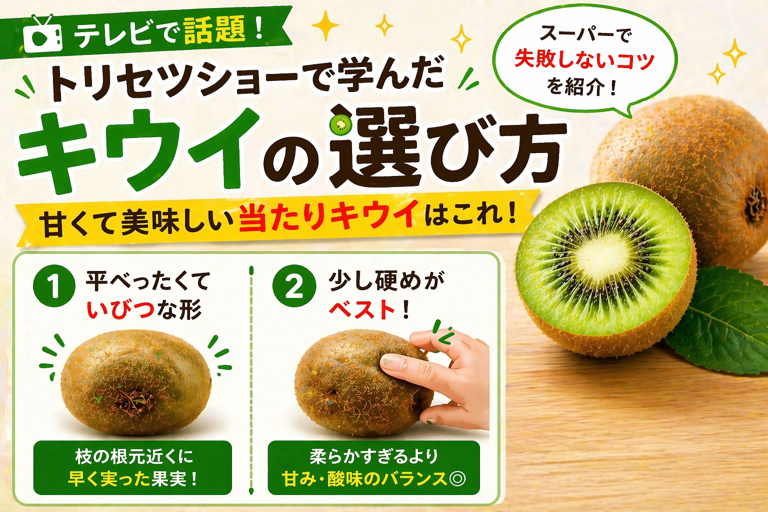 スーパーに並ぶキウイフルーツの中から美味しいキウイを選んでいるイメージ