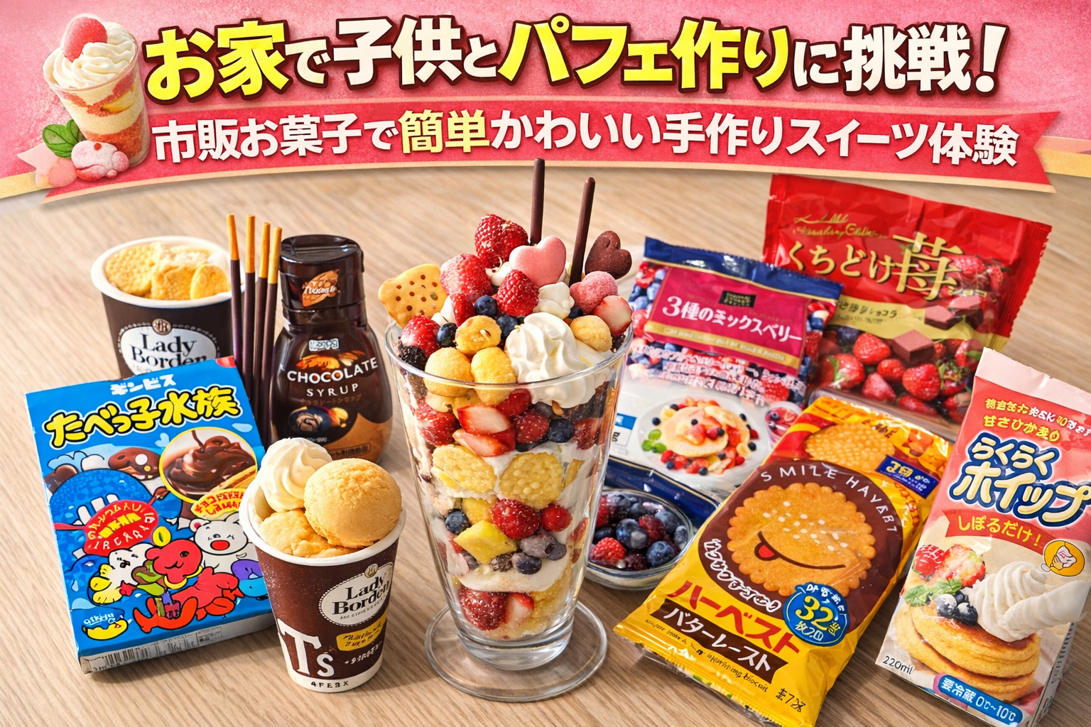 市販のお菓子とアイスを使ってお家で手作りパフェを楽しむ材料のイメージ写真
