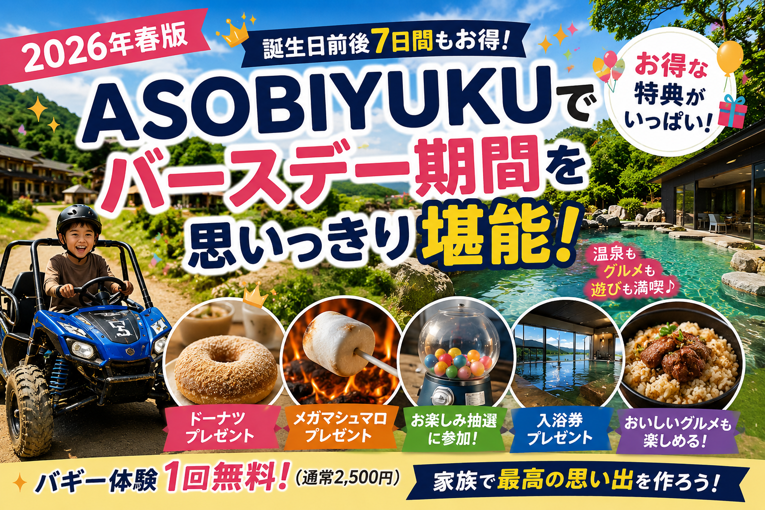 ASOBIYUKU京都るり渓温泉のバースデー特典やバギー体験・温泉を紹介する画像