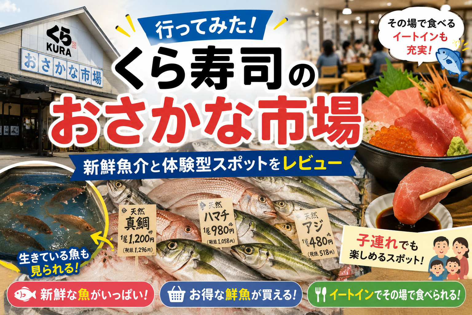 くら寿司おさかな市場で販売されている新鮮な魚や刺身とイートインスペースの様子